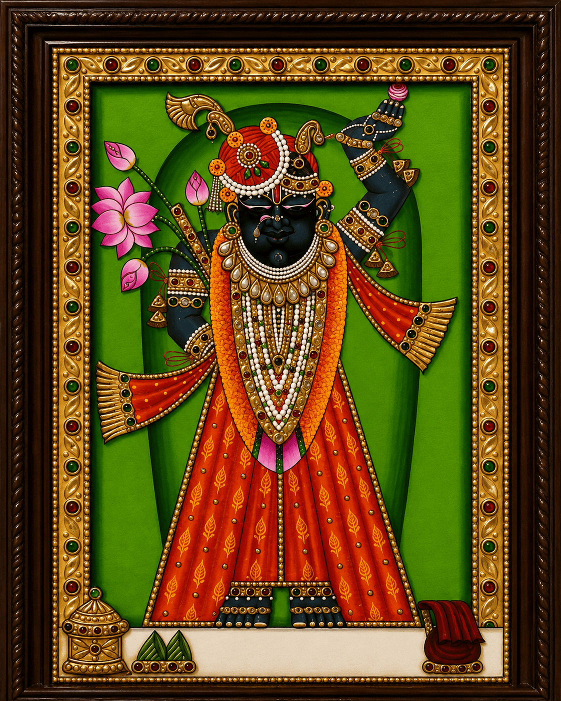 Shrinathji Tanjore Painting with Green Backdrop and Pink Lotus — Handmade by Nathdwara Artisans
